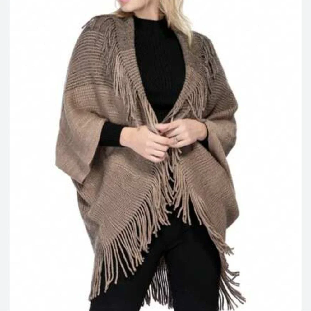 SHEIN blanket shawl cape shrug with fringe, NEW, brown, tan, gold, one size
